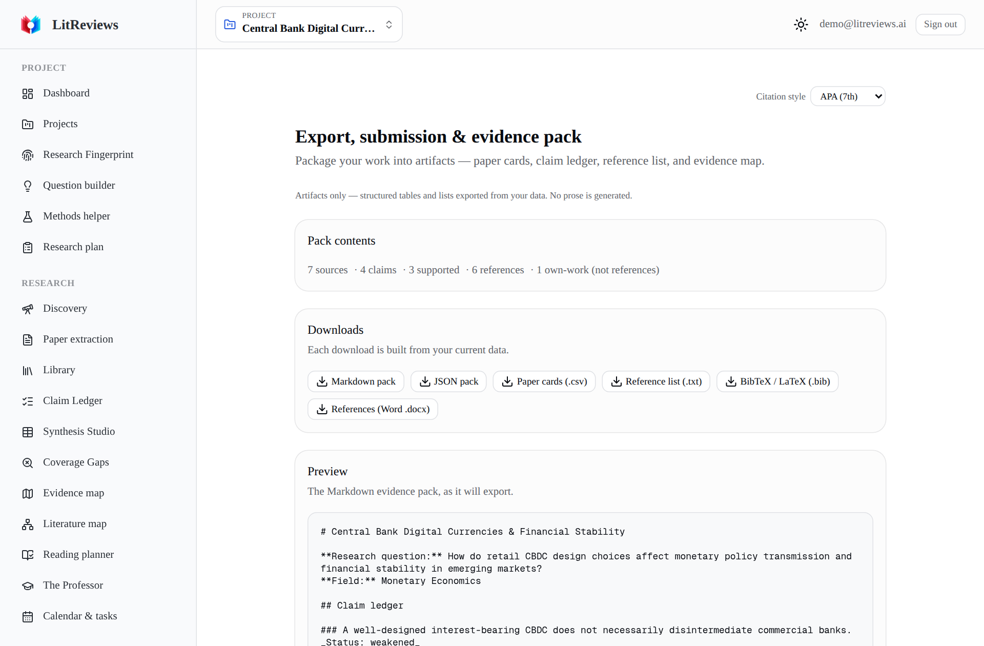 Export & evidence pack
